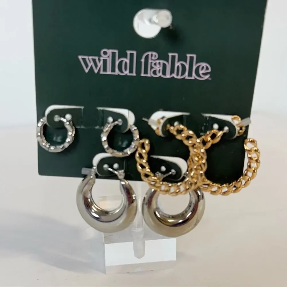 Wild Fable 3 Pair Gold Silver Hoop Earrings Textured Mixed Set NWT